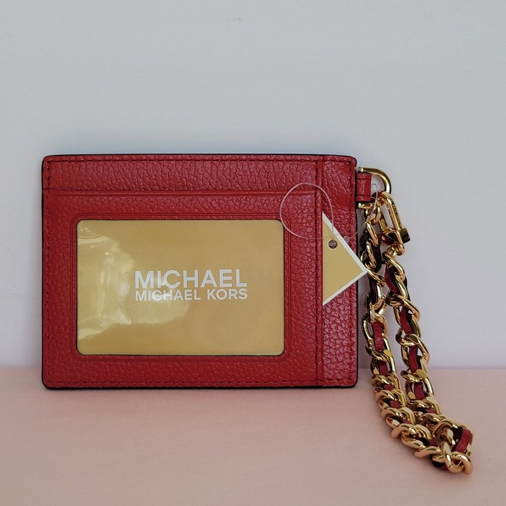MICHAEL KORS Jet Set Small ID Pebbled Leather Chain Card Holder Case-Crimson $69